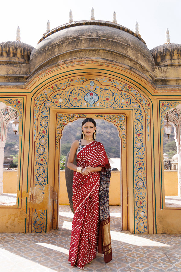 Red Bandhani Silk Saree With Ajrakh Zari Pallu