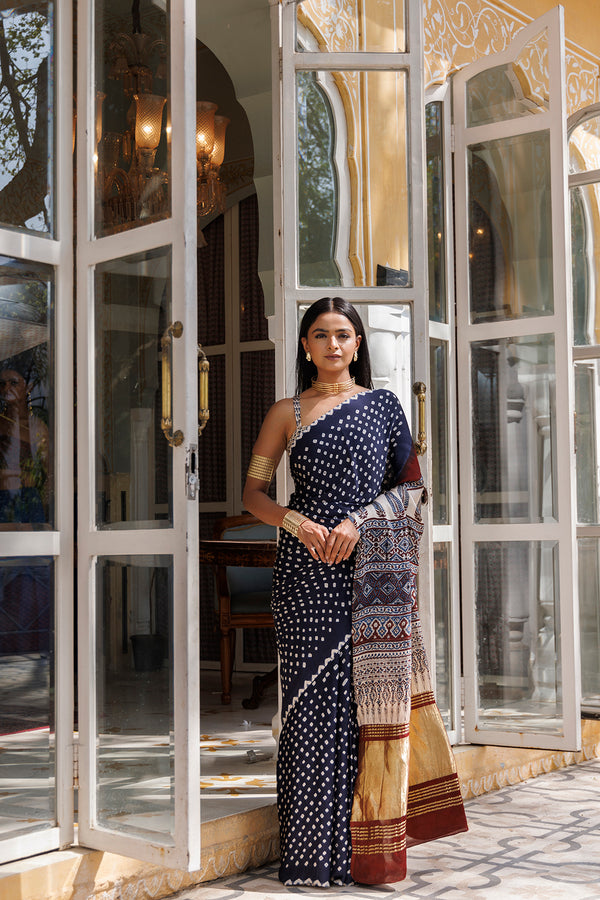 Black And Maroon Bandhani Silk Saree With Ajrakh Zari Pallu