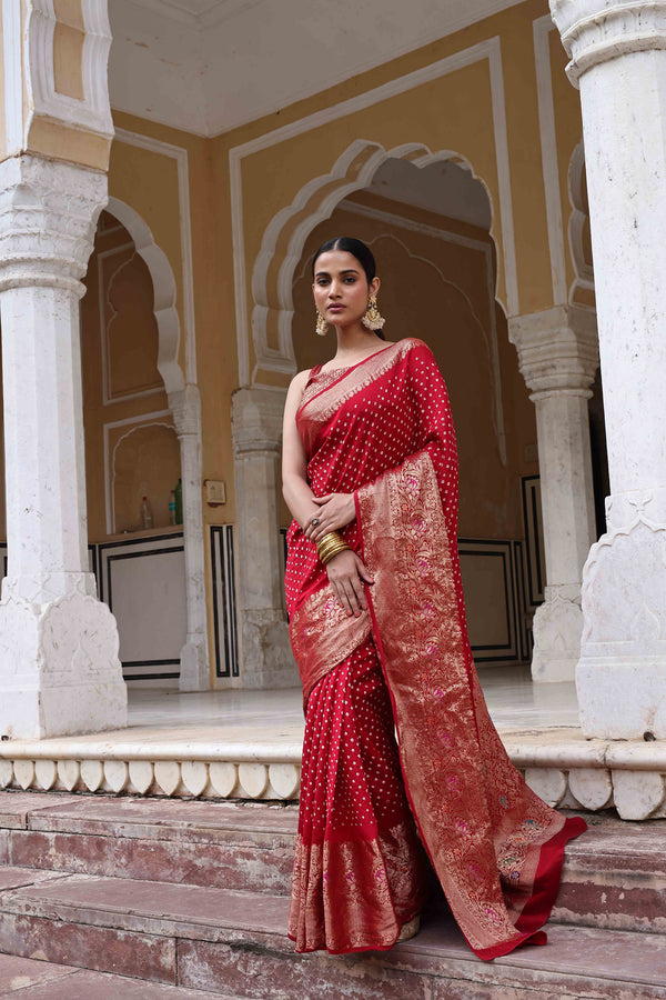 Red Zari Woven Bandhani Silk Saree