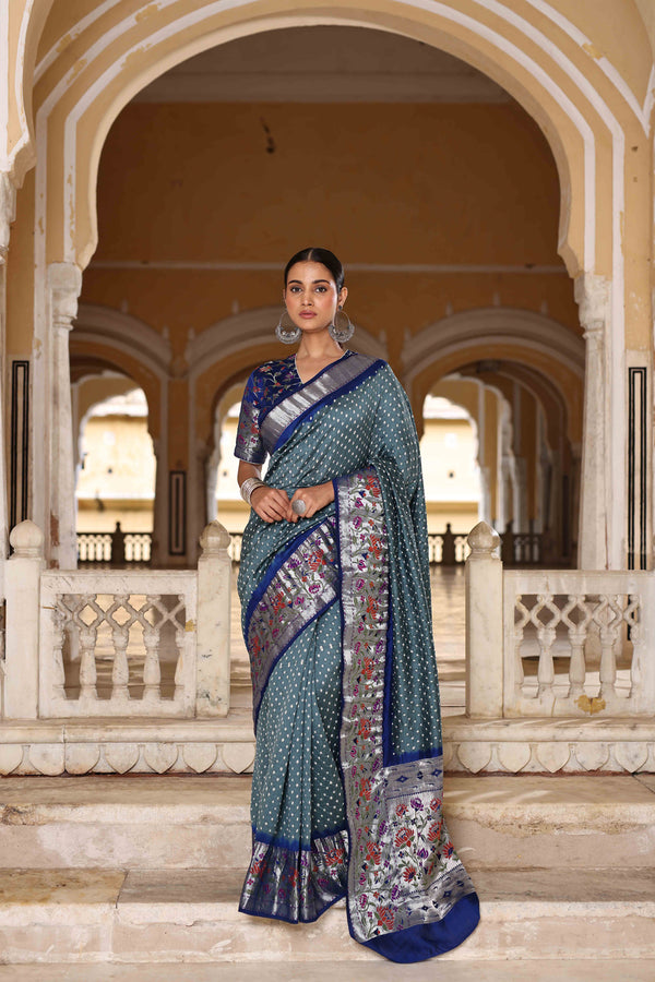 Grey & Blue Zari Woven Bandhani Silk Saree