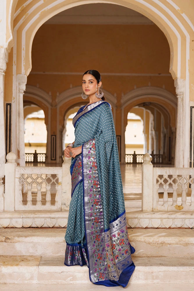 Grey & Blue Zari Woven Bandhani Pure Silk Saree