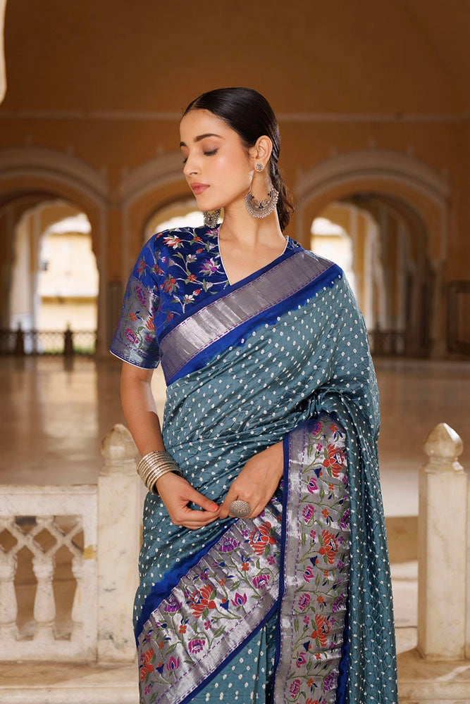 Grey & Blue Zari Woven Bandhani Pure Silk Saree
