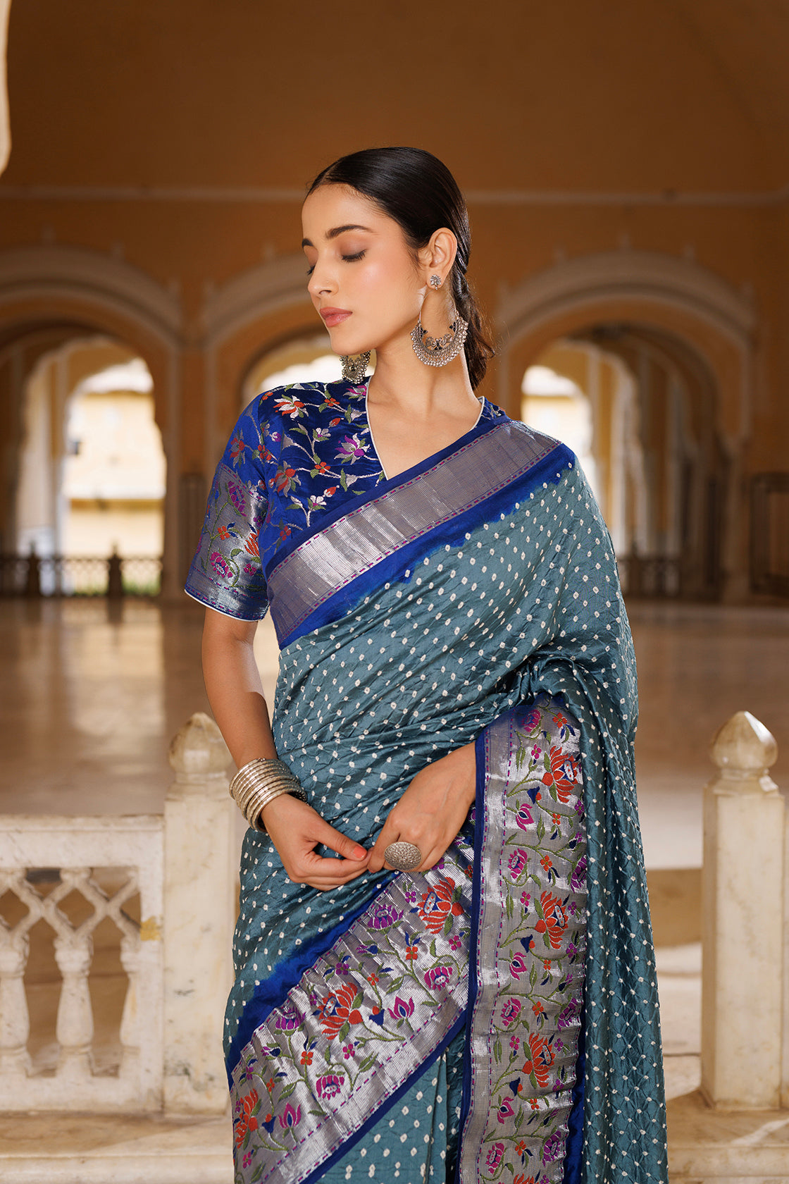 Grey & Blue Zari Woven Bandhani Pure Silk Saree