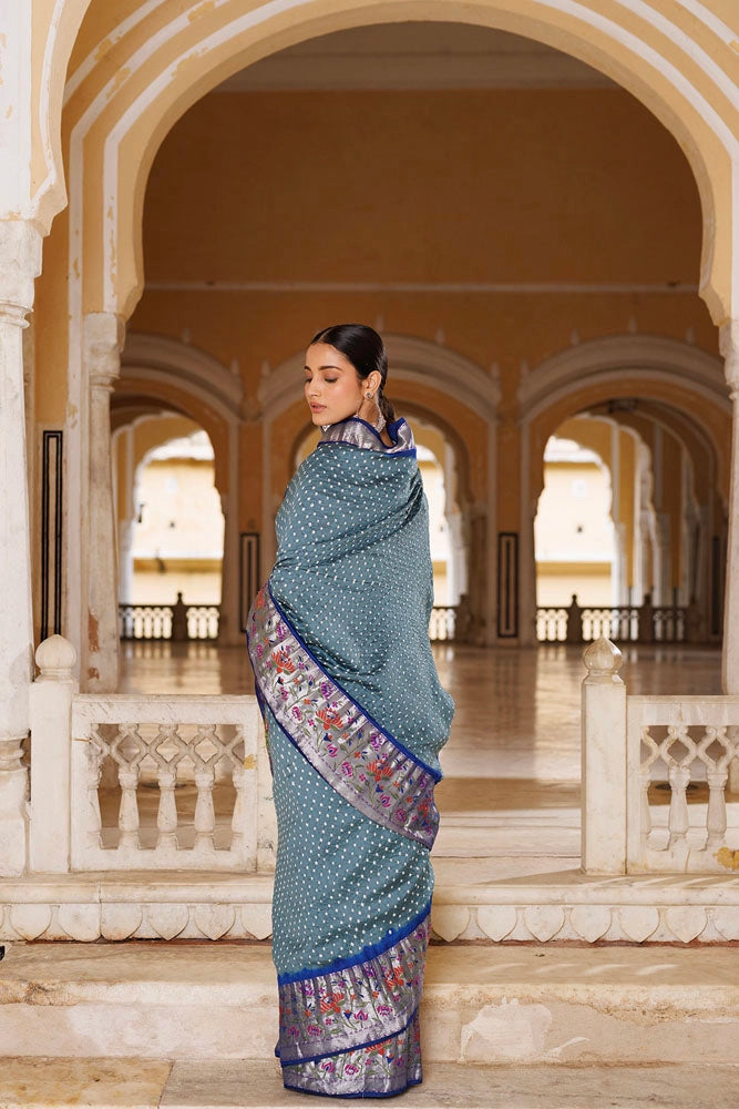 Grey & Blue Zari Woven Bandhani Pure Silk Saree