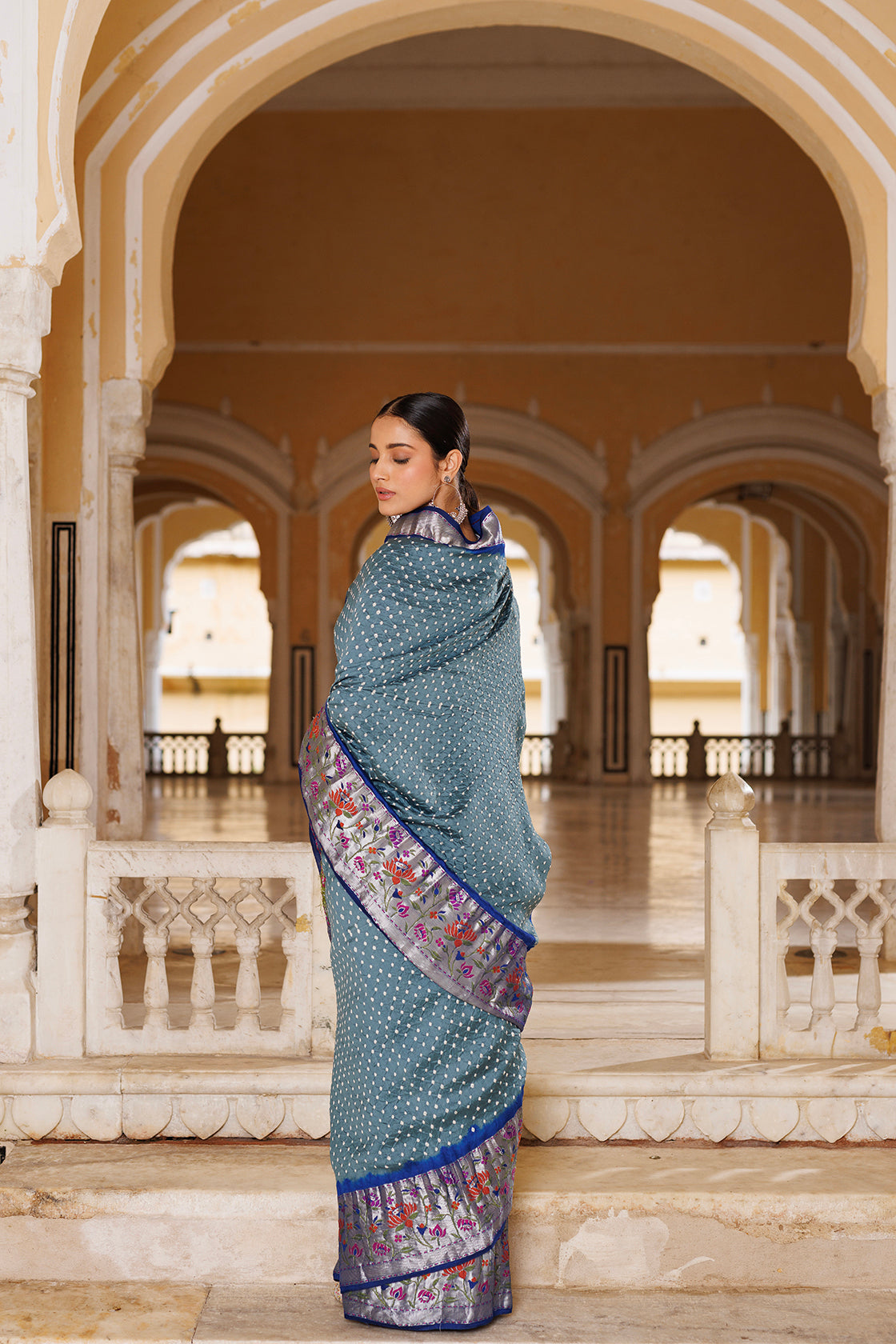 Grey & Blue Zari Woven Bandhani Pure Silk Saree