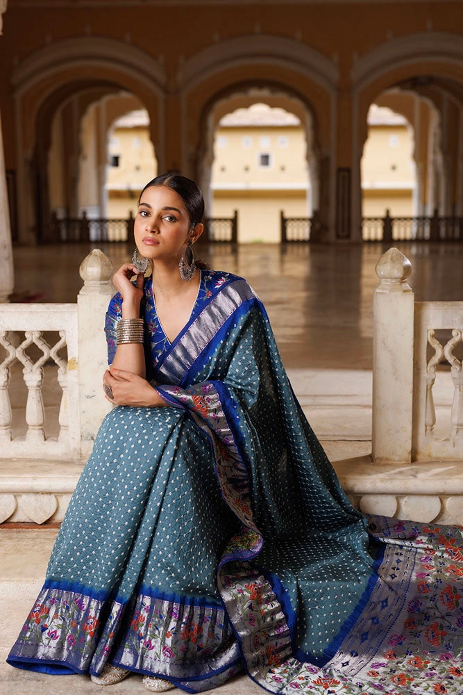 Grey & Blue Zari Woven Bandhani Pure Silk Saree
