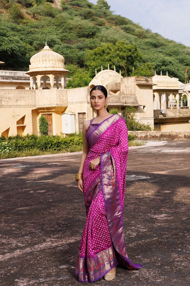 Pink & Purple Zari Woven Bandhani Pure Silk Saree