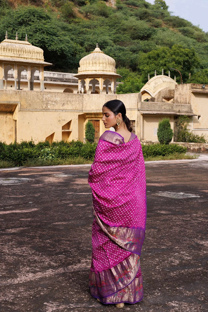 Pink & Purple Zari Woven Bandhani Pure Silk Saree