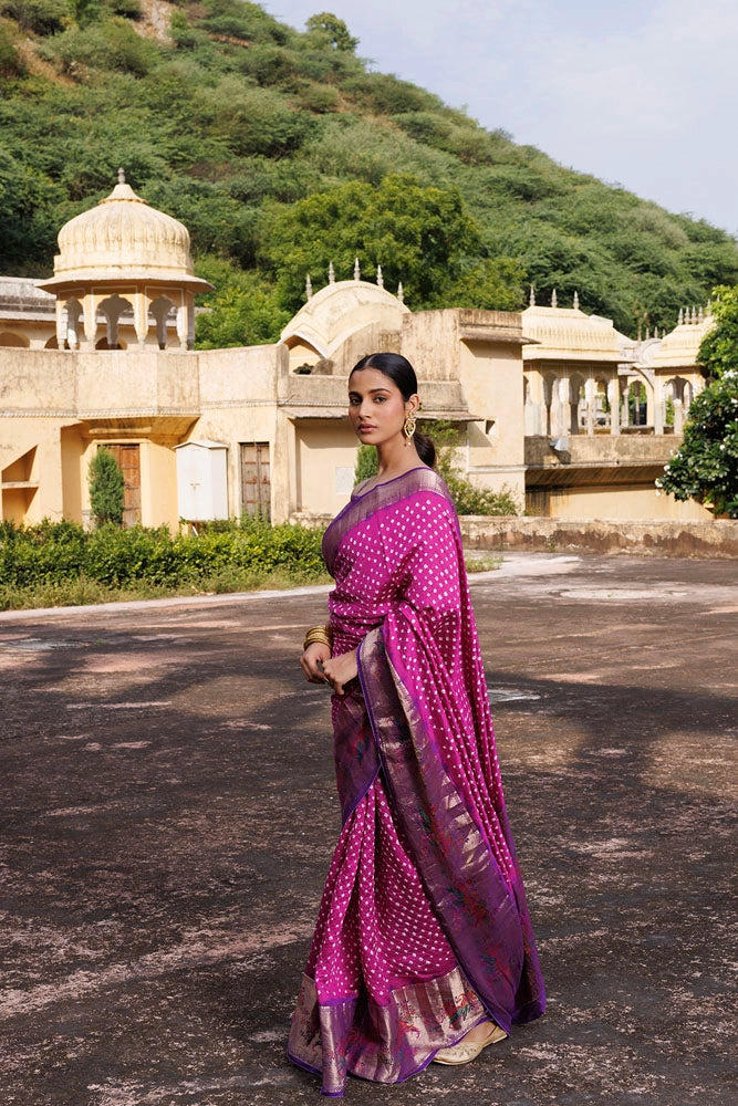 Pink & Purple Zari Woven Bandhani Pure Silk Saree