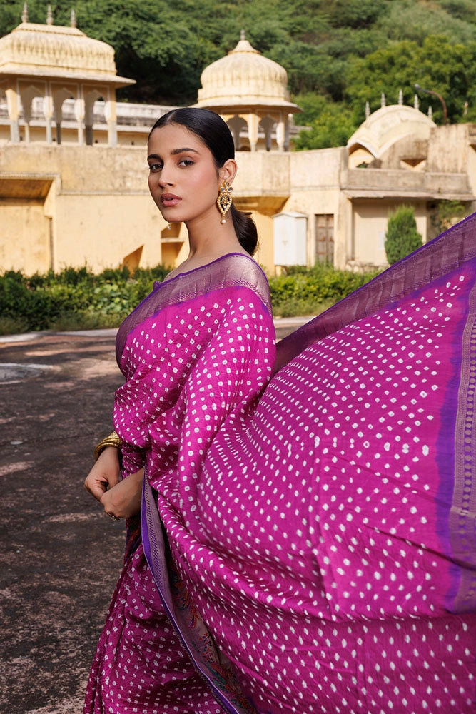 Pink & Purple Zari Woven Bandhani Pure Silk Saree
