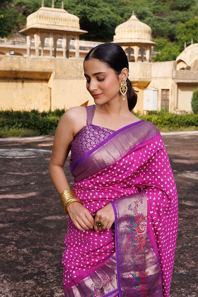 Pink & Purple Zari Woven Bandhani Pure Silk Saree