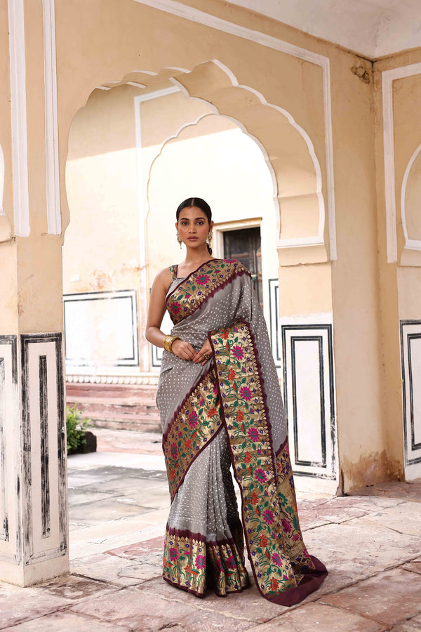 Grey & Brown Zari Woven Bandhani Silk Saree