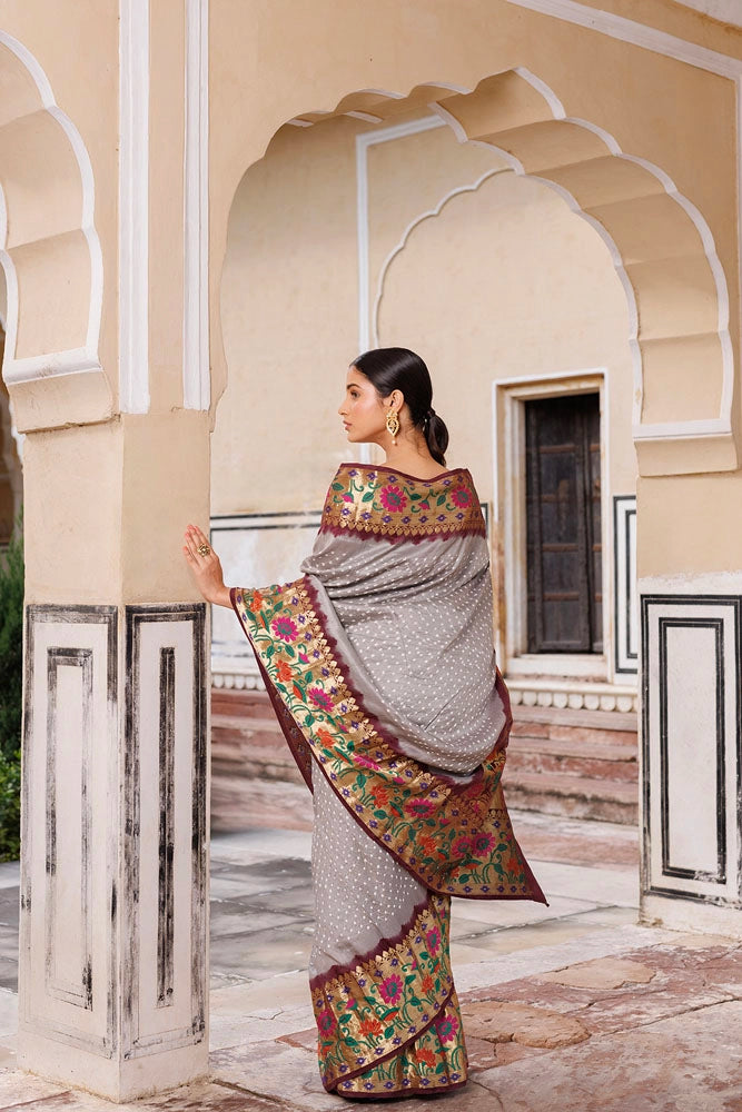 Grey & Brown Zari Woven Bandhani Pure Silk Saree
