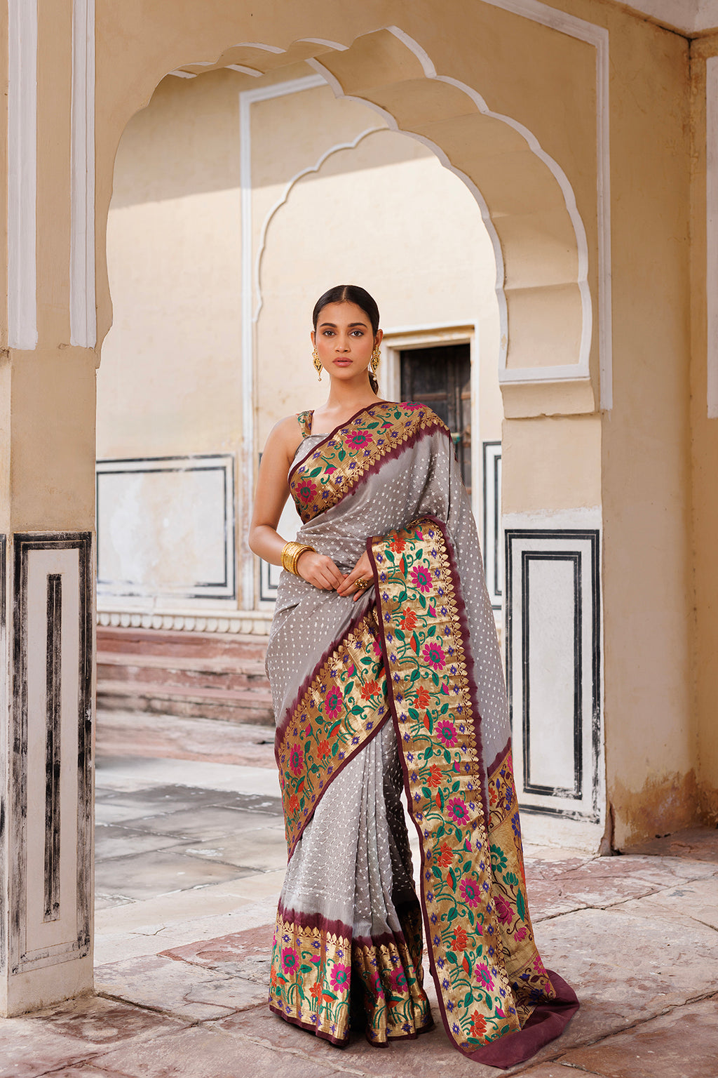 Grey & Brown Zari Woven Bandhani Pure Silk Saree