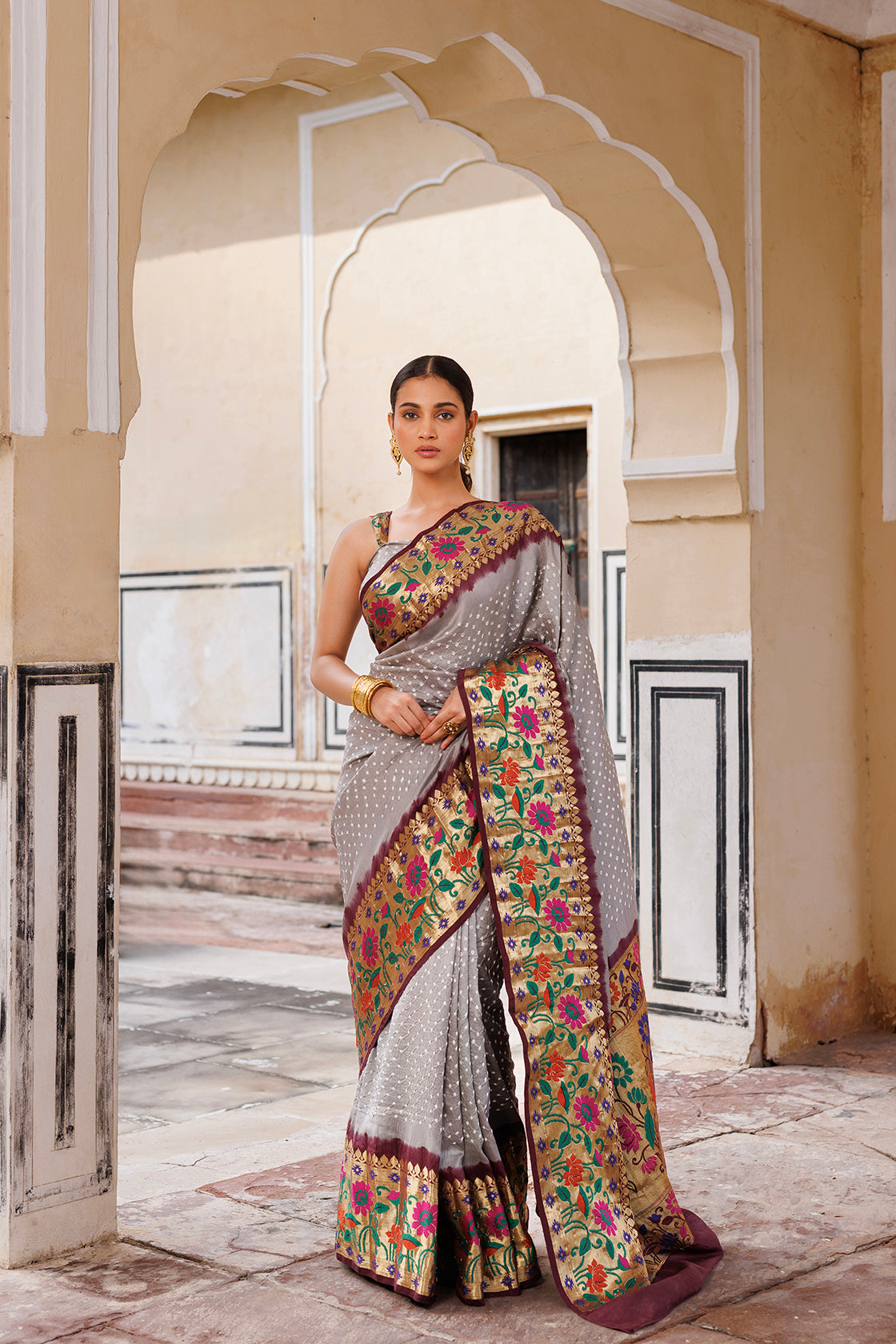 Grey & Brown Zari Woven Bandhani Pure Silk Saree