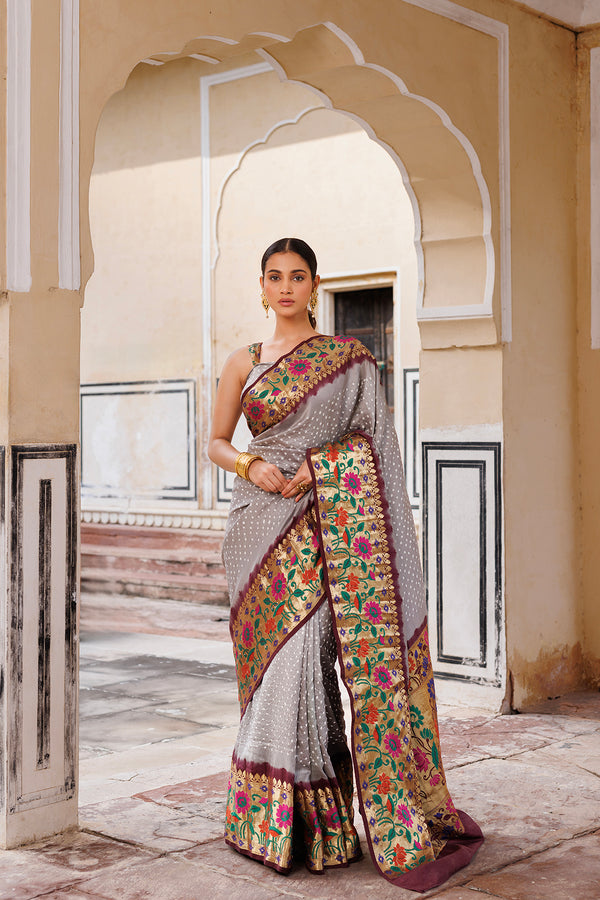 Grey & Brown Zari Woven Bandhani Pure Silk Saree