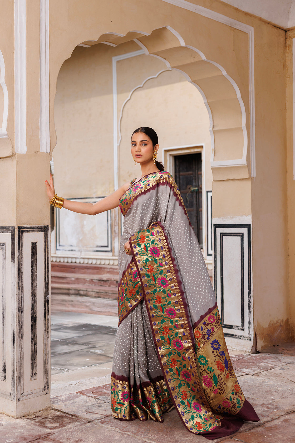 Grey & Brown Zari Woven Bandhani Pure Silk Saree