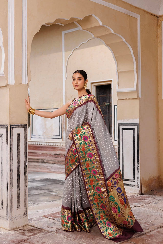 Grey & Brown Zari Woven Bandhani Pure Silk Saree