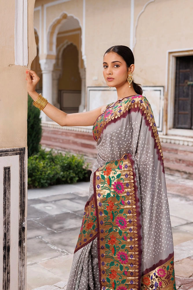 Grey & Brown Zari Woven Bandhani Pure Silk Saree