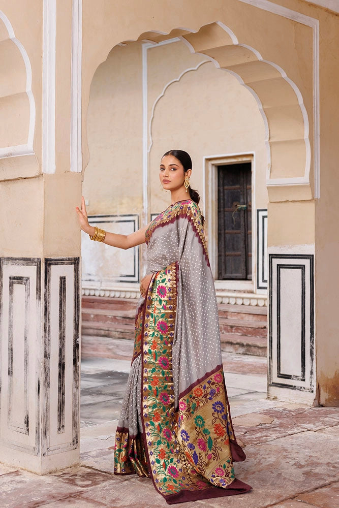 Grey & Brown Zari Woven Bandhani Pure Silk Saree