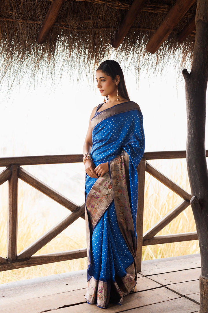 Blue Zari Woven Bandhani Pure Silk Saree