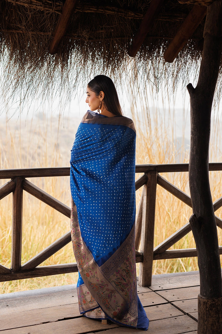 Blue Zari Woven Bandhani Pure Silk Saree
