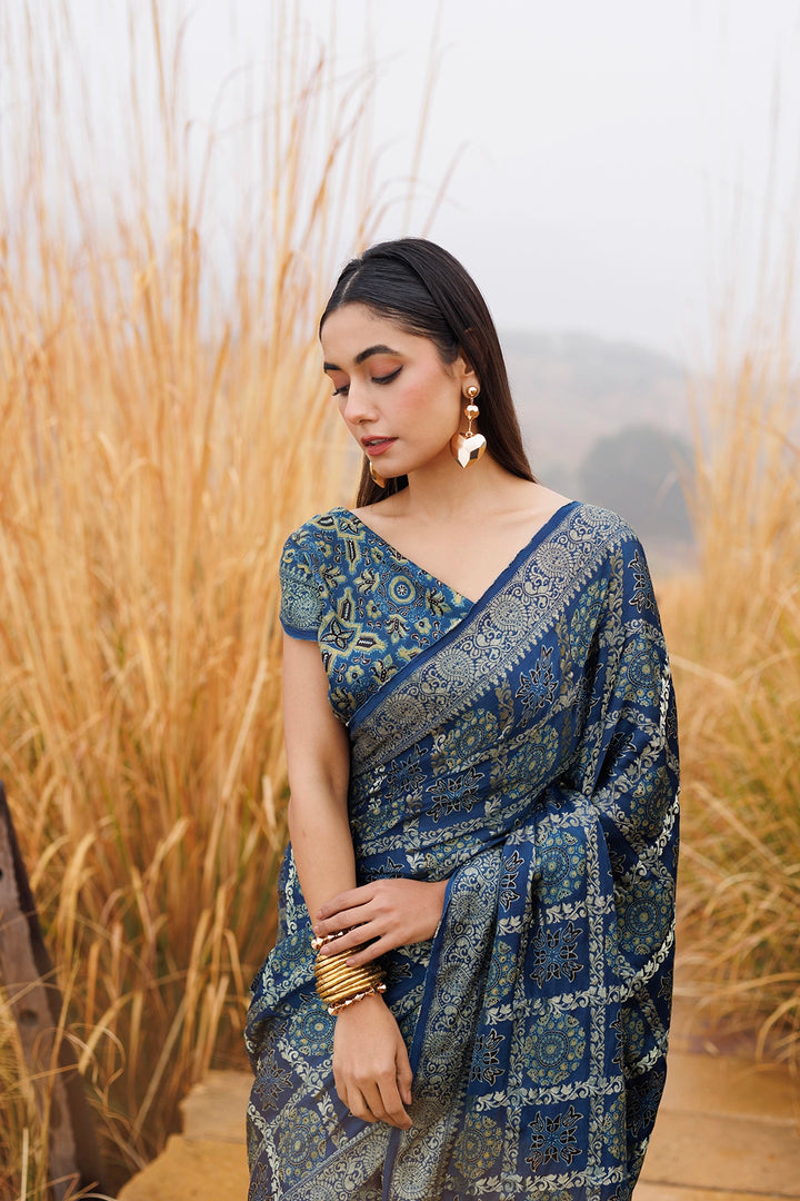 Indigo Handwoven Ajrakh Pure Silk Saree