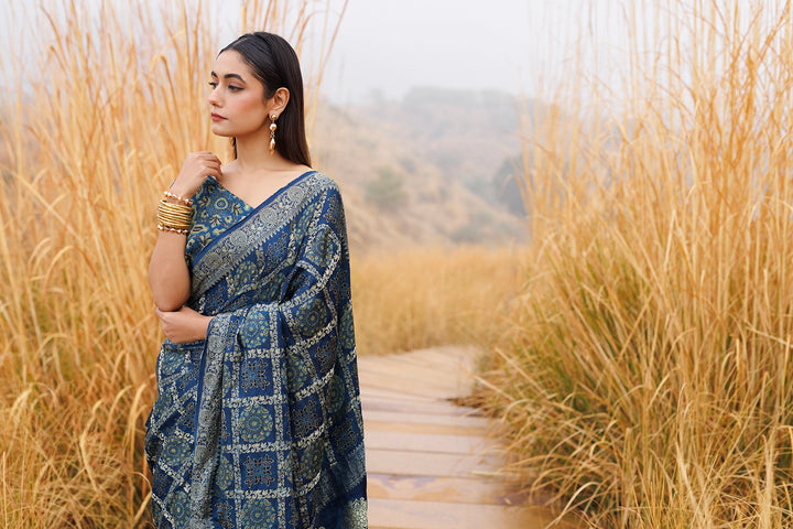 Indigo Handwoven Ajrakh Pure Silk Saree