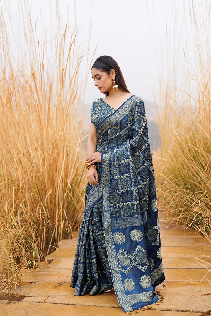 Indigo Handwoven Ajrakh Pure Silk Saree