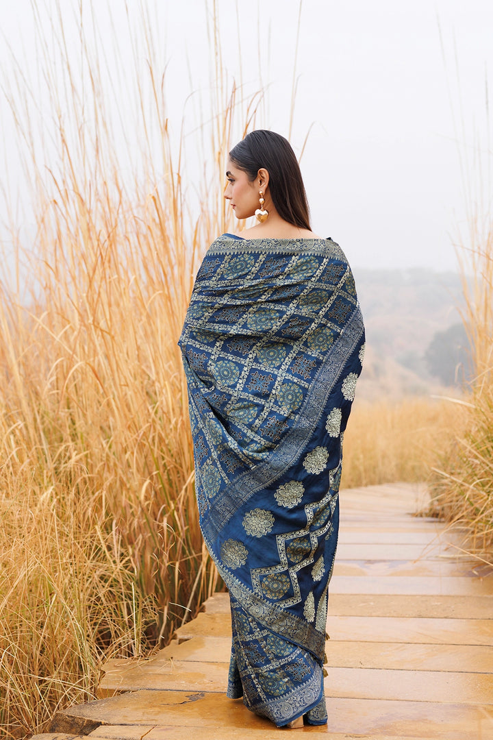 Indigo Handwoven Ajrakh Pure Silk Saree