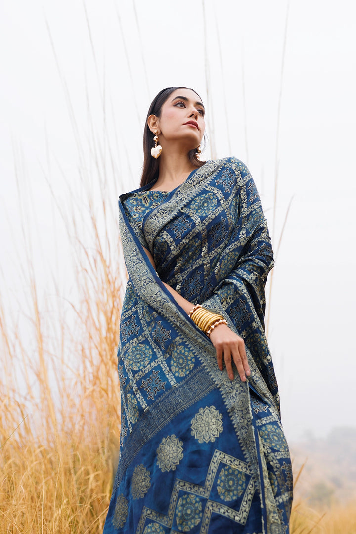 Indigo Handwoven Ajrakh Pure Silk Saree