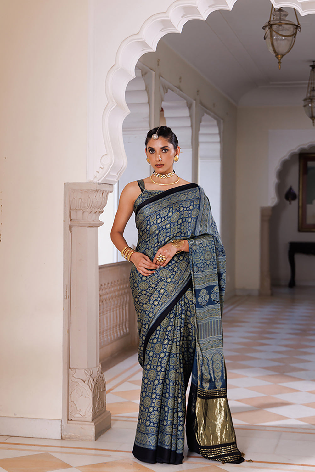 Indigo Ajrakh Hand-Block Printed Modal Silk Saree With Zari Pallu