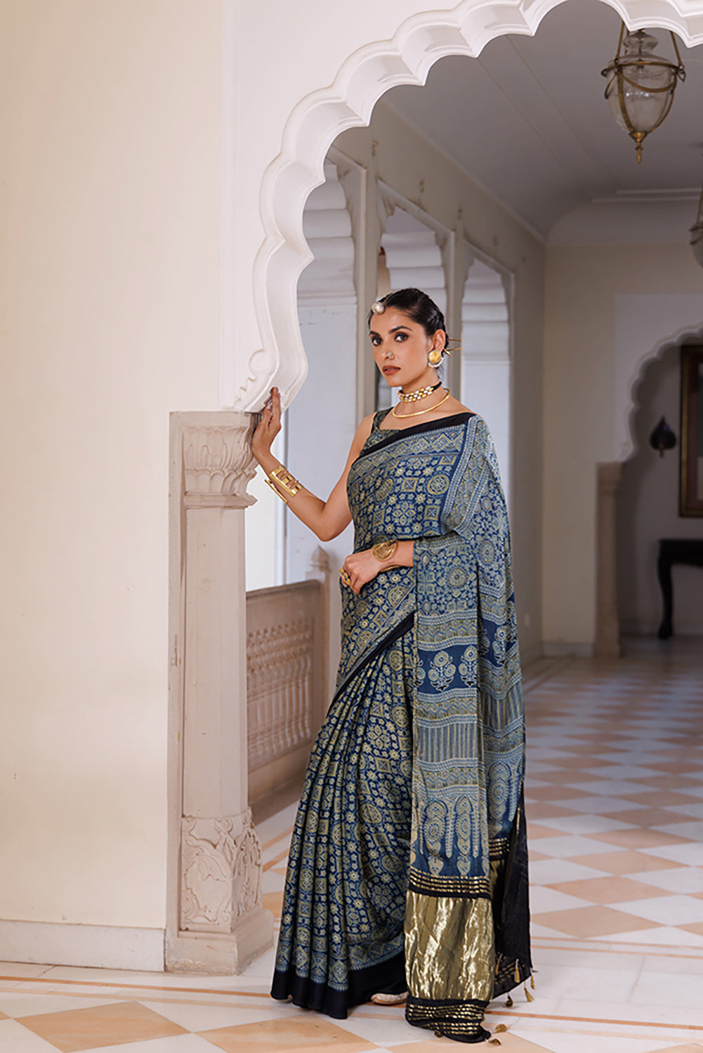 Indigo Ajrakh Hand-Block Printed Modal Silk Saree With Zari Pallu