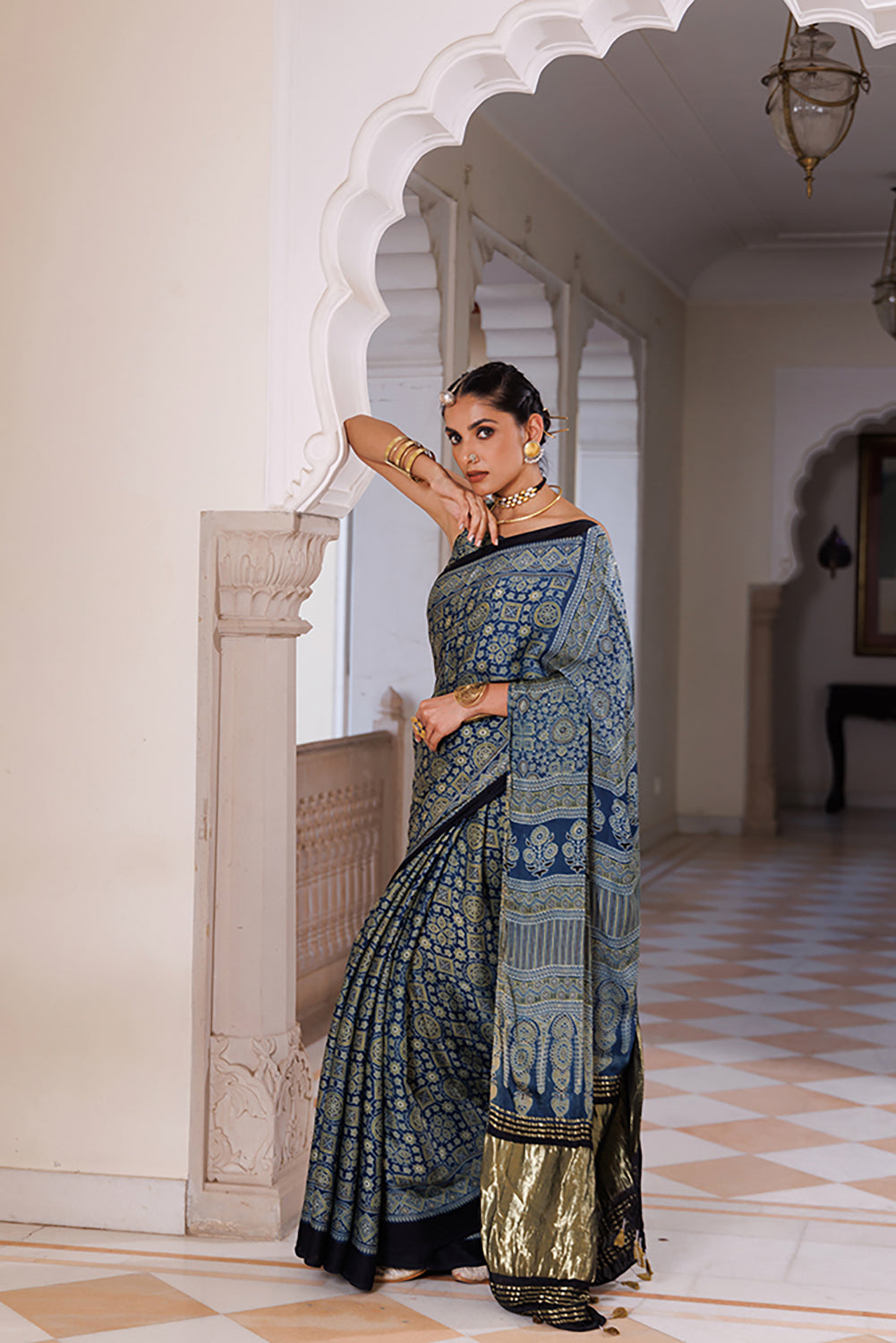 Indigo Ajrakh Hand-Block Printed Modal Silk Saree With Zari Pallu
