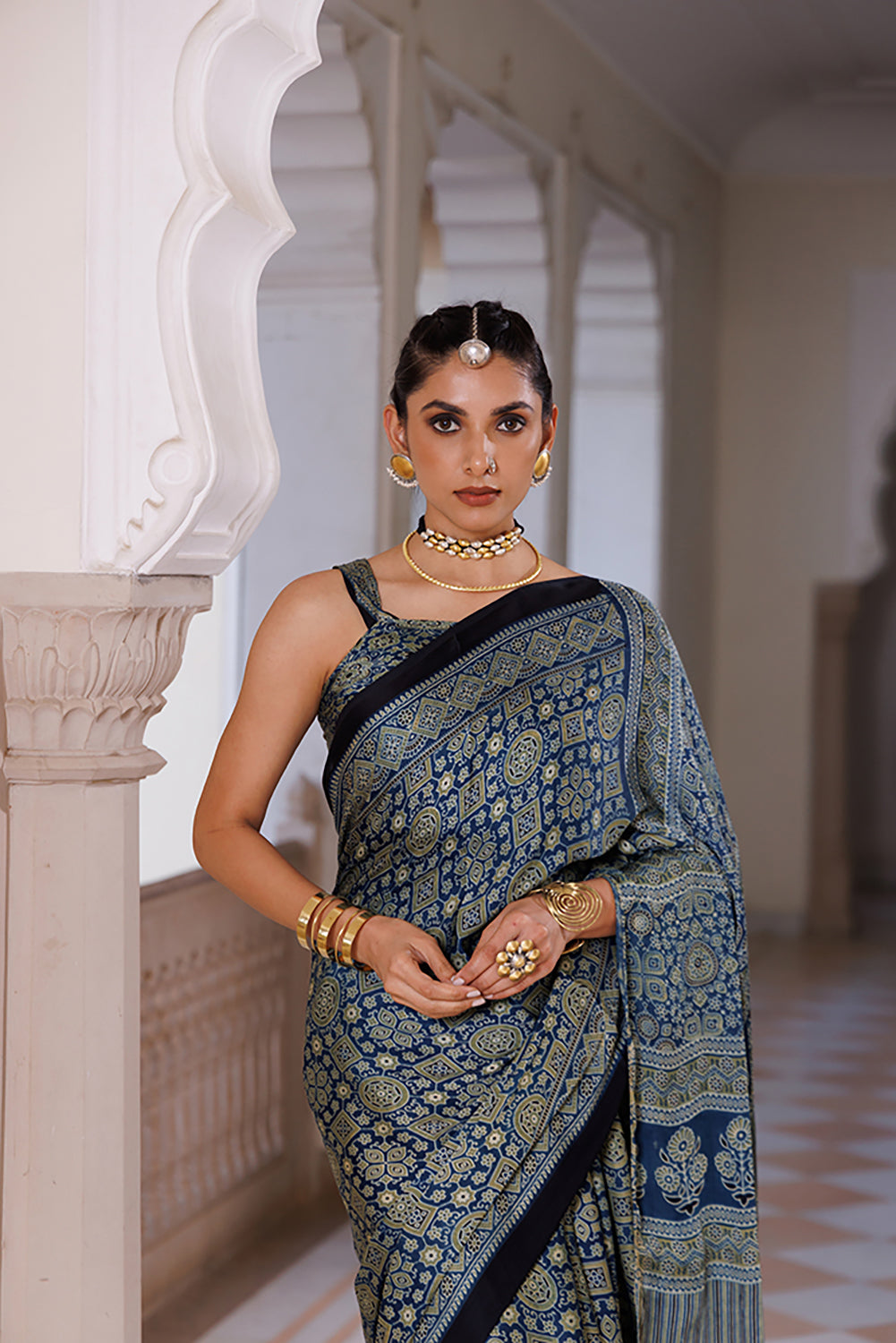 Indigo Ajrakh Hand-Block Printed Modal Silk Saree With Zari Pallu