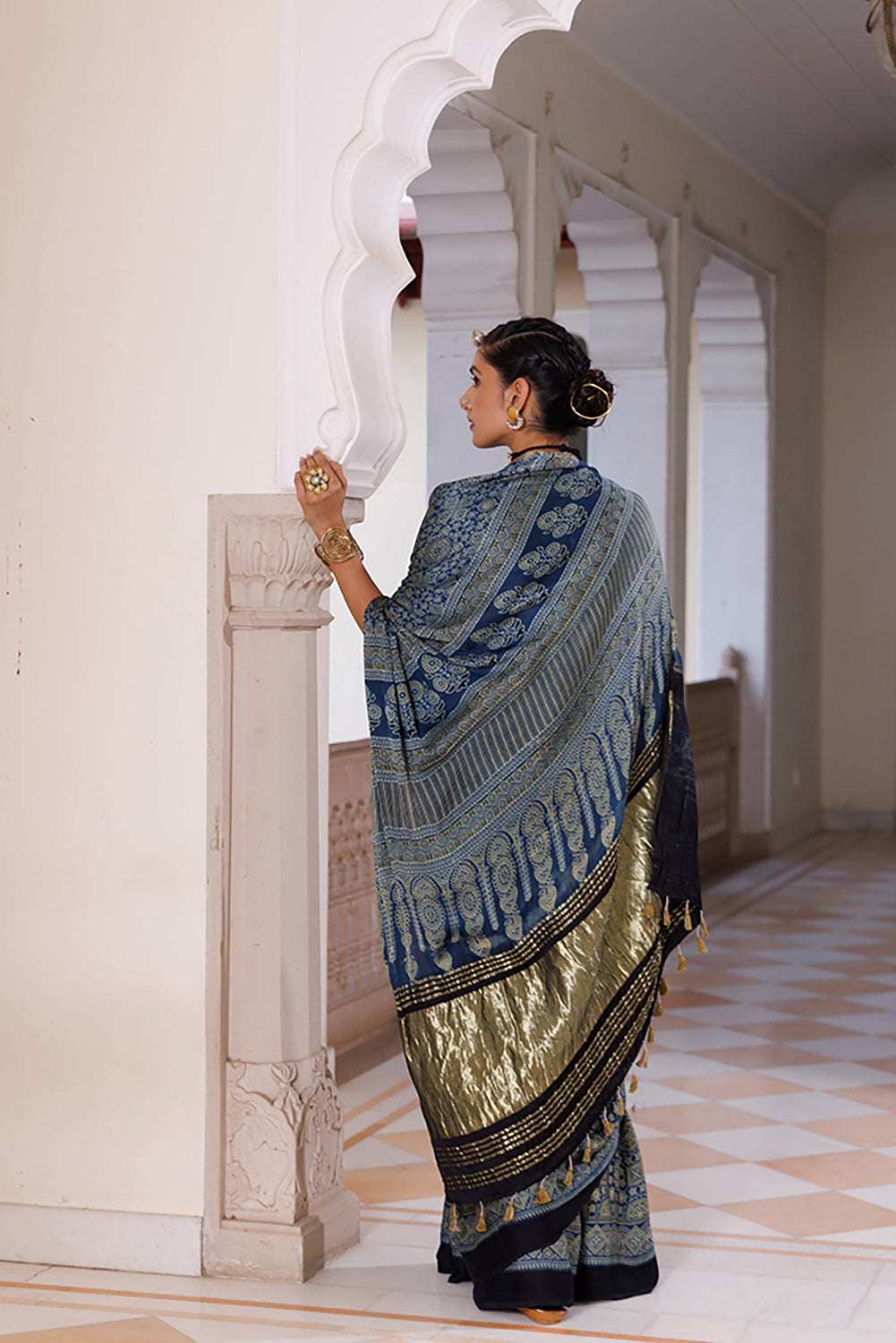 Indigo Ajrakh Hand-Block Printed Modal Silk Saree With Zari Pallu