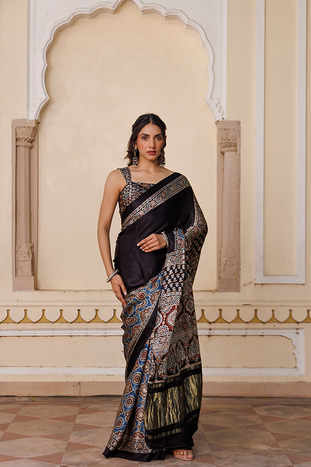 Black Ajrakh Hand-Block Modal Silk Saree