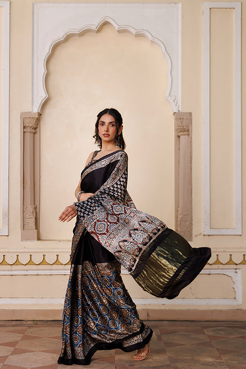 Black Ajrakh Hand-Block Modal Silk Saree