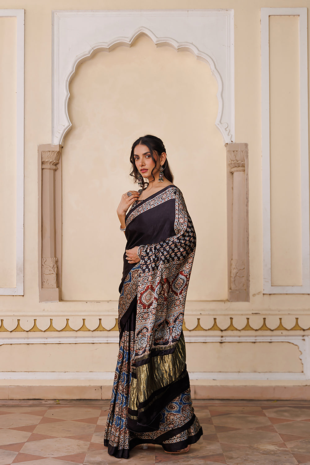 Black Ajrakh Hand-Block Modal Silk Saree