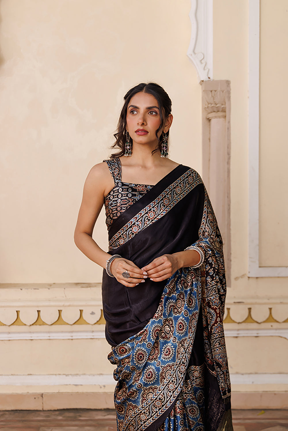 Black Ajrakh Hand-Block Modal Silk Saree
