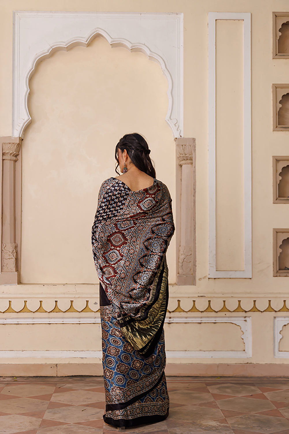 Black Ajrakh Hand-Block Modal Silk Saree