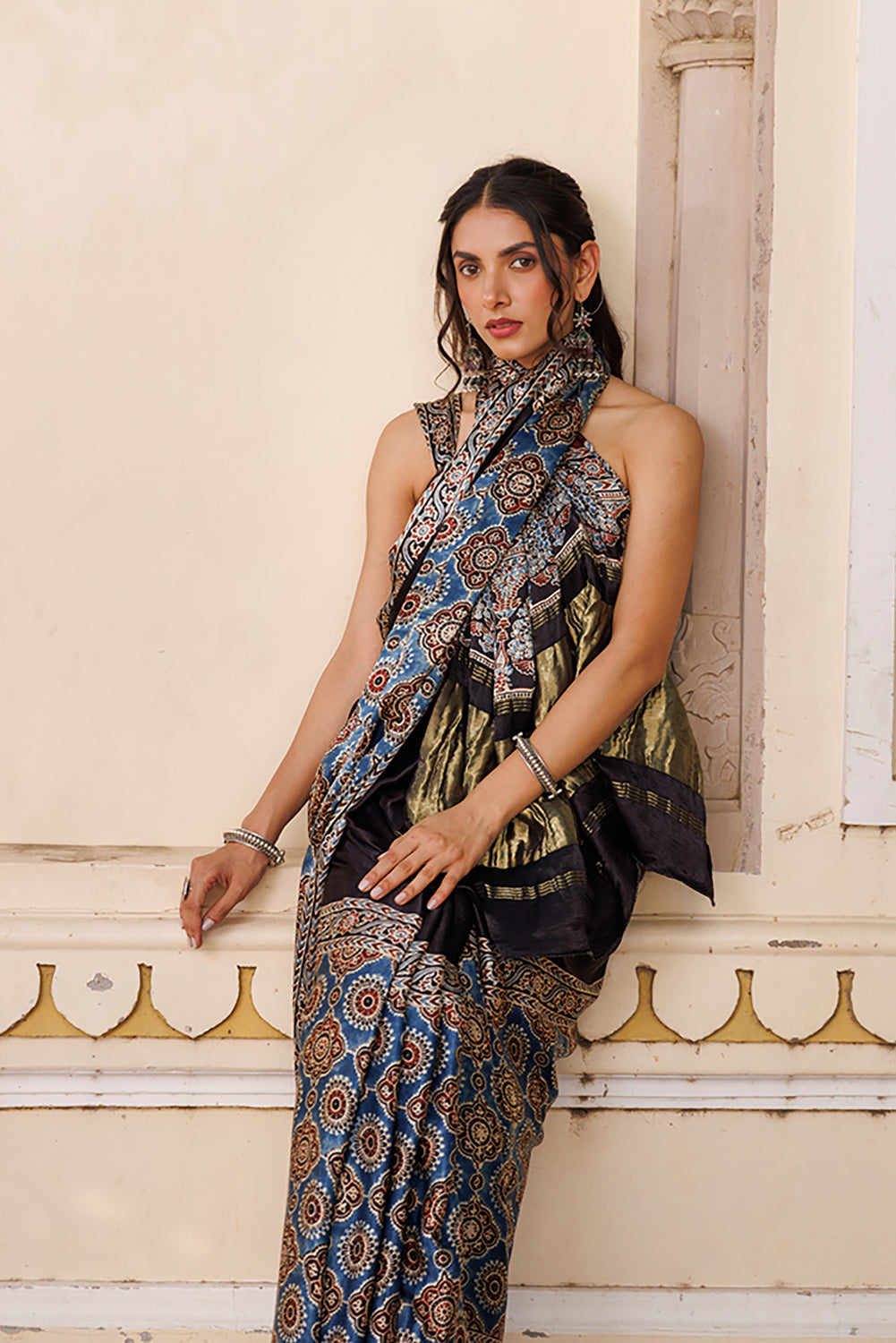 Black Ajrakh Hand-Block Modal Silk Saree