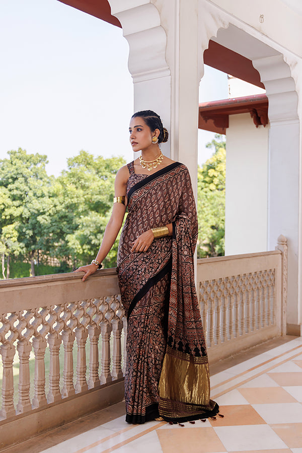 Brown Block Printed Silk Ajrakh Saree With Zari Pallu