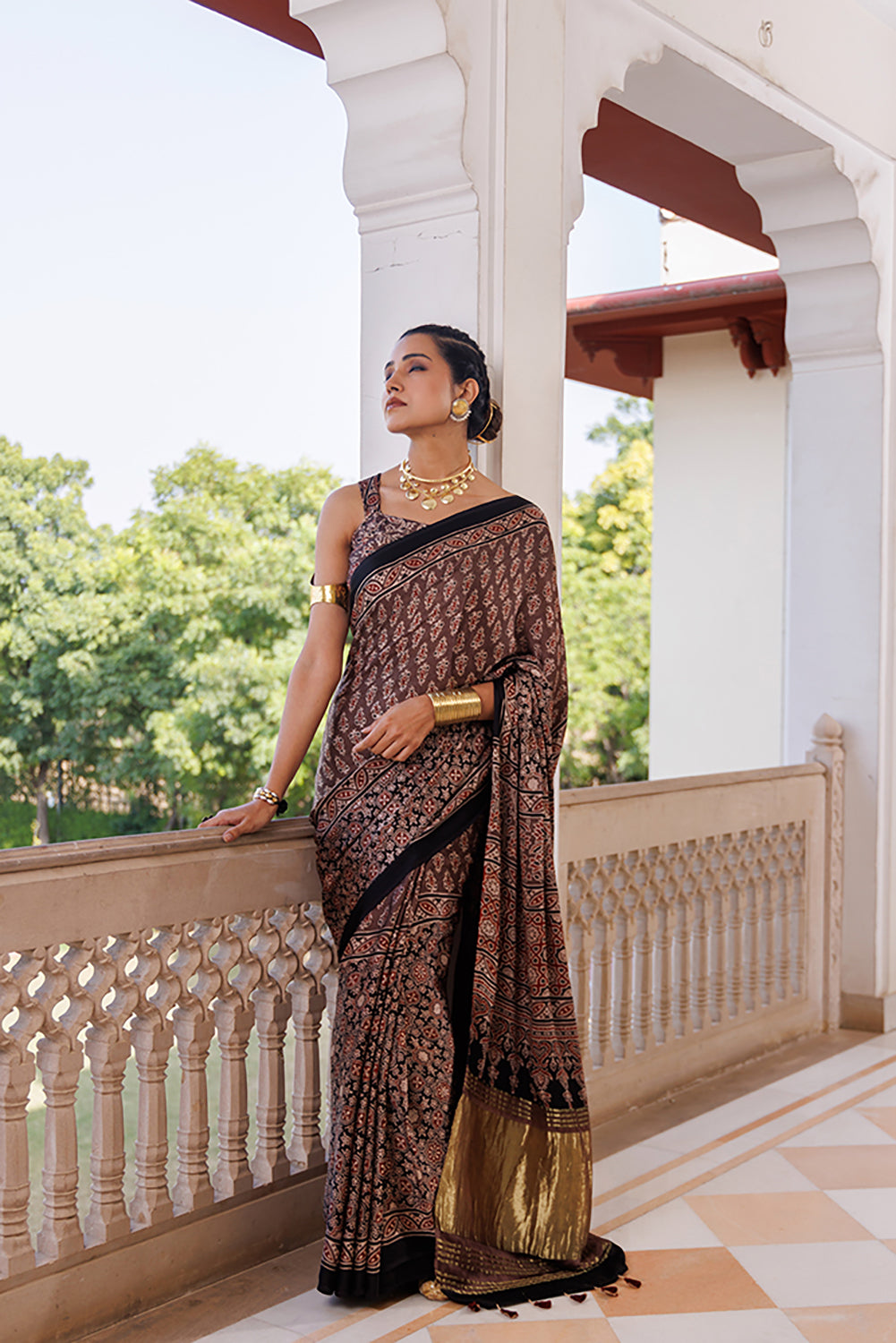 Brown Ajrakh Hand-Block Printed Modal Silk Saree