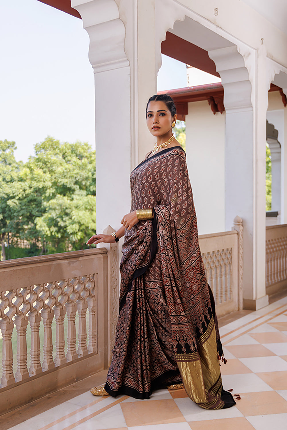 Brown Ajrakh Hand-Block Printed Modal Silk Saree