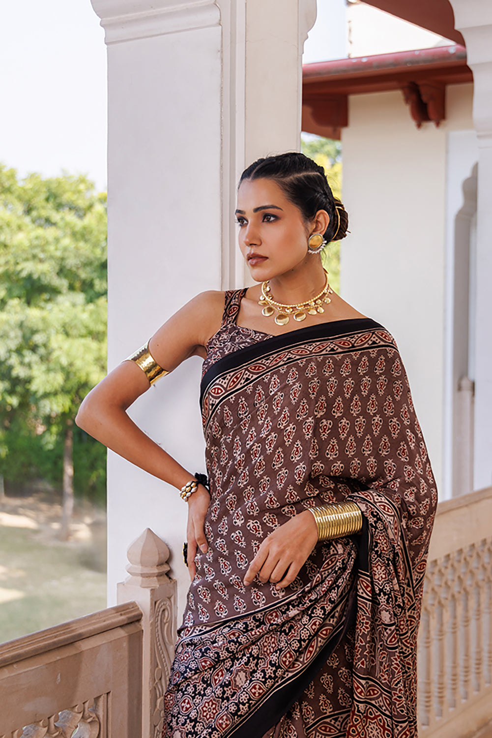 Brown Ajrakh Hand-Block Printed Modal Silk Saree