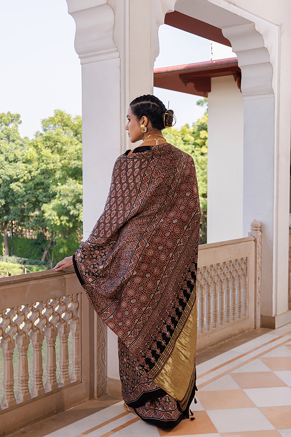 Brown Ajrakh Hand-Block Printed Modal Silk Saree