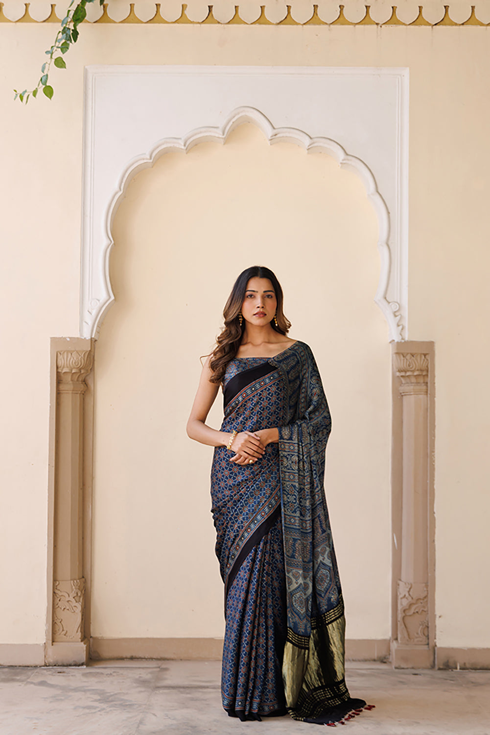 Modal Silk Saree Indigo with Hand-Block Ajrakh Print