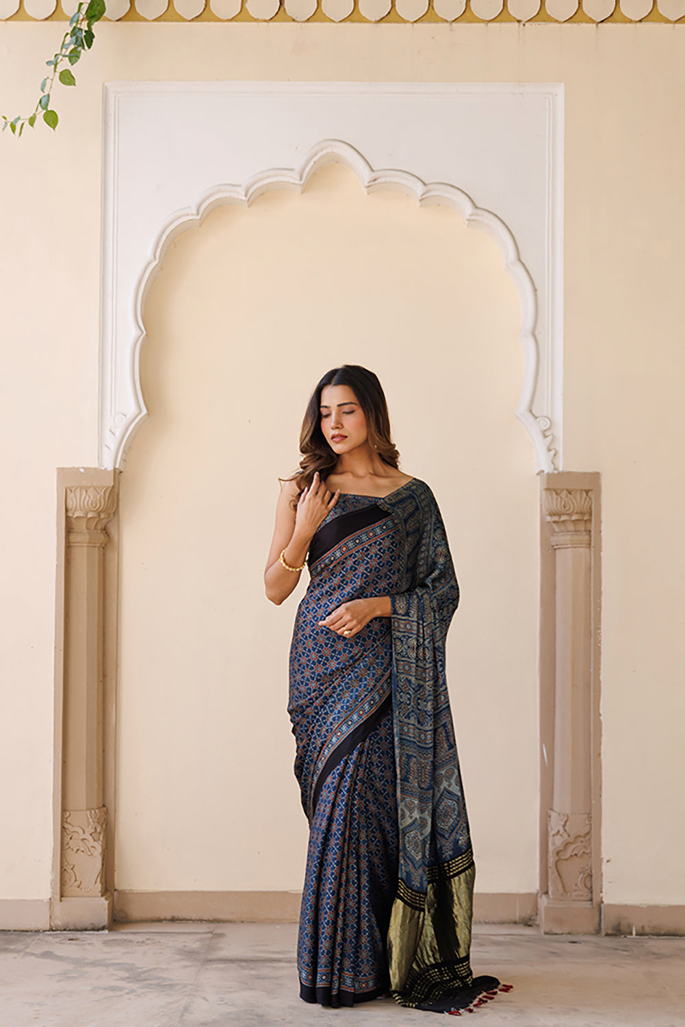 Modal Silk Saree Indigo with Hand-Block Ajrakh Print