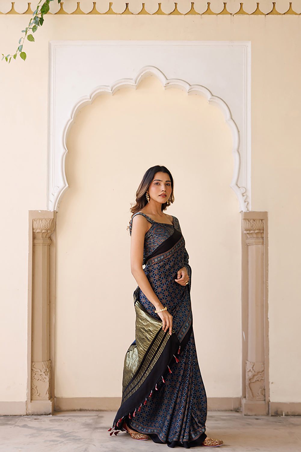 Modal Silk Saree Indigo with Hand-Block Ajrakh Print